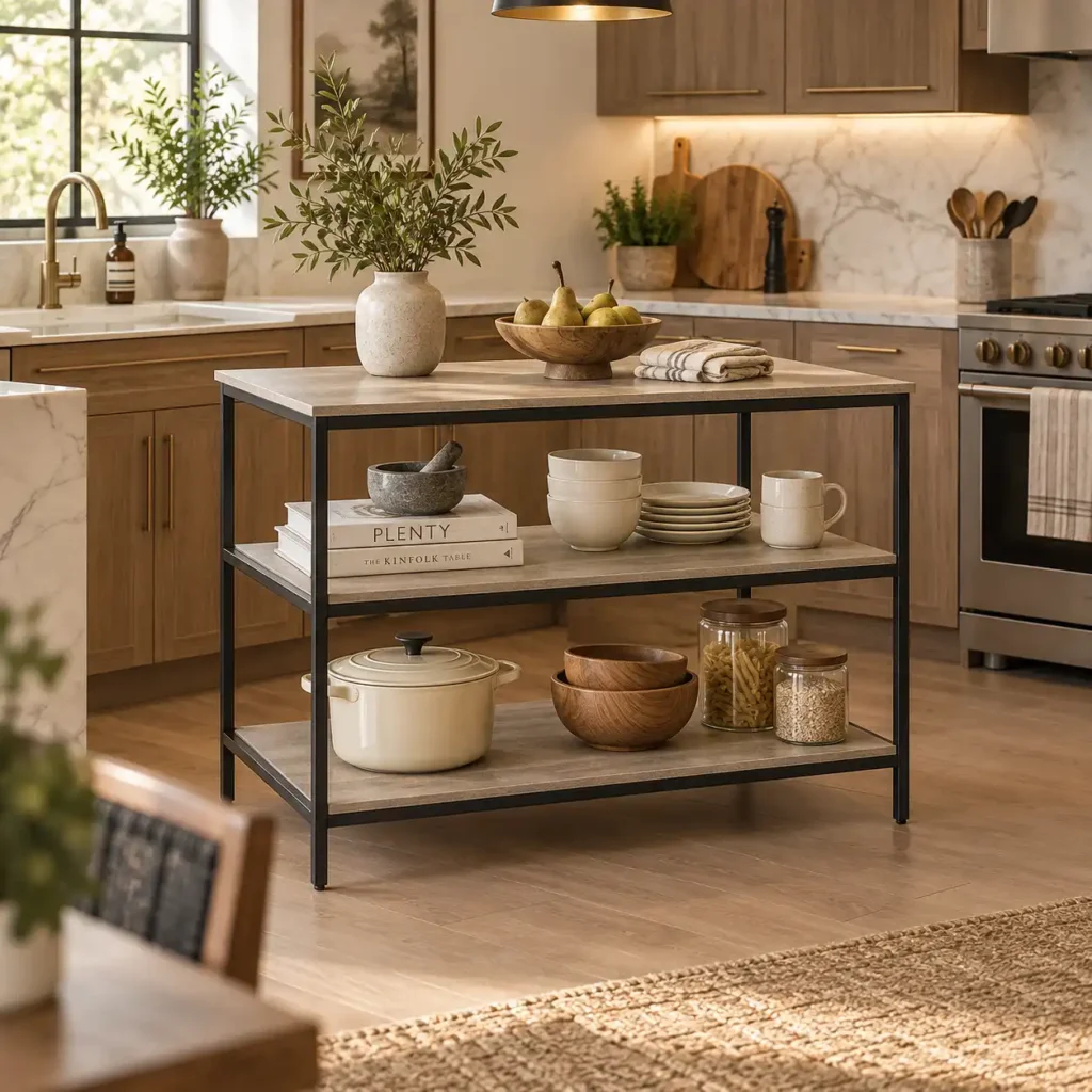 forge-industrial-kitchen-island-in-stonewood-2-shelves-black-steel-frame-adjustable-feet-lockable-wheels
