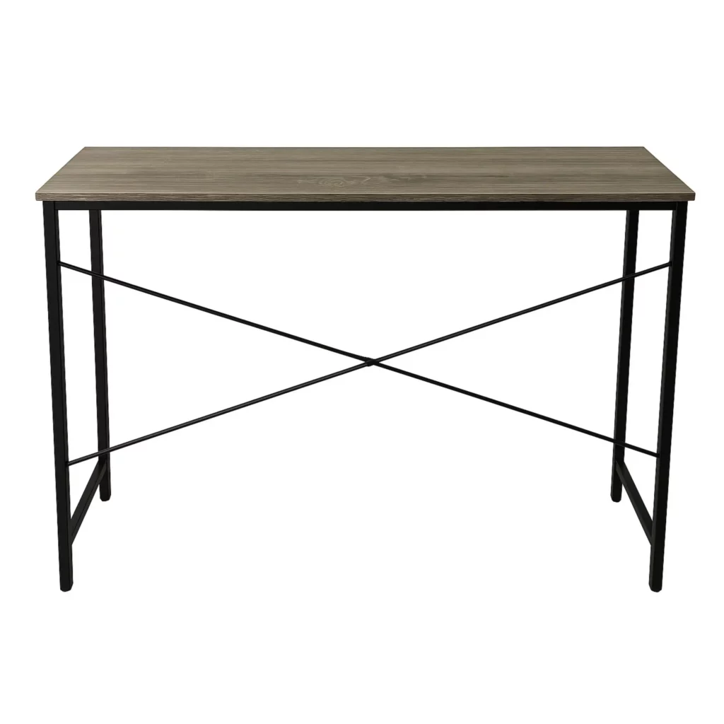 Modern black metal and wood console table.