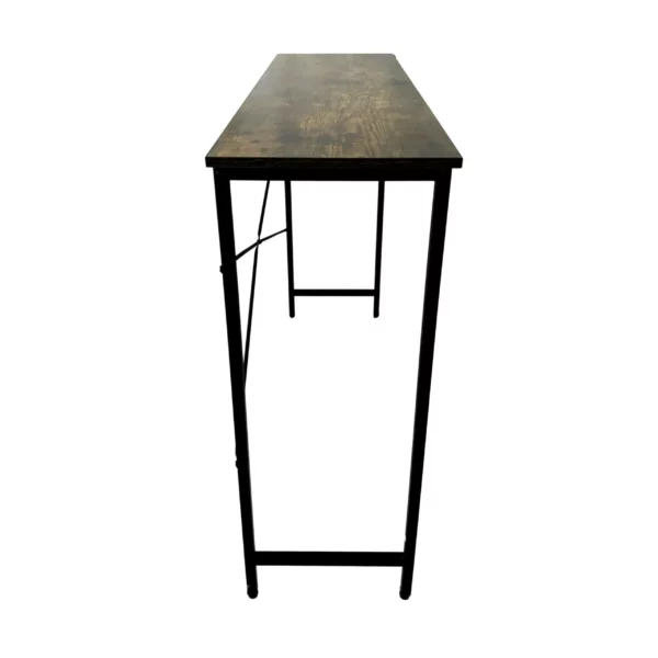 Narrow black metal table with wooden top