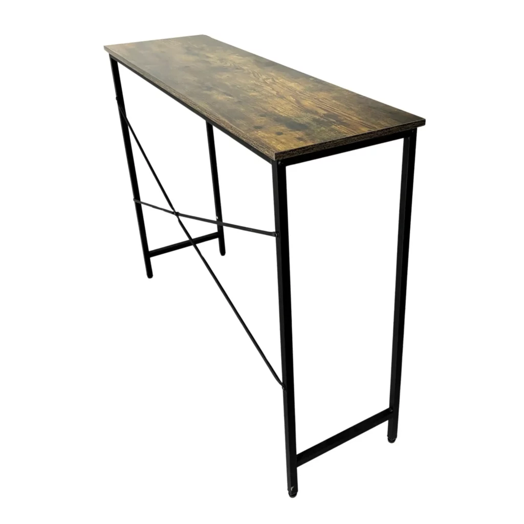 Modern console table with wood top and metal legs.