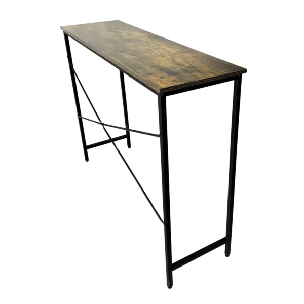 Modern console table with wood top and metal legs.