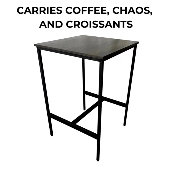 Tall black metal table with wood top.