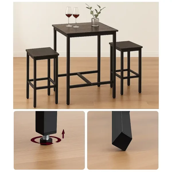 Three-piece high table set with stools and decor.