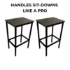 Two tall wooden bar stools with black metal legs.