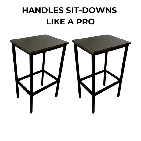 Two tall wooden bar stools with black metal legs.