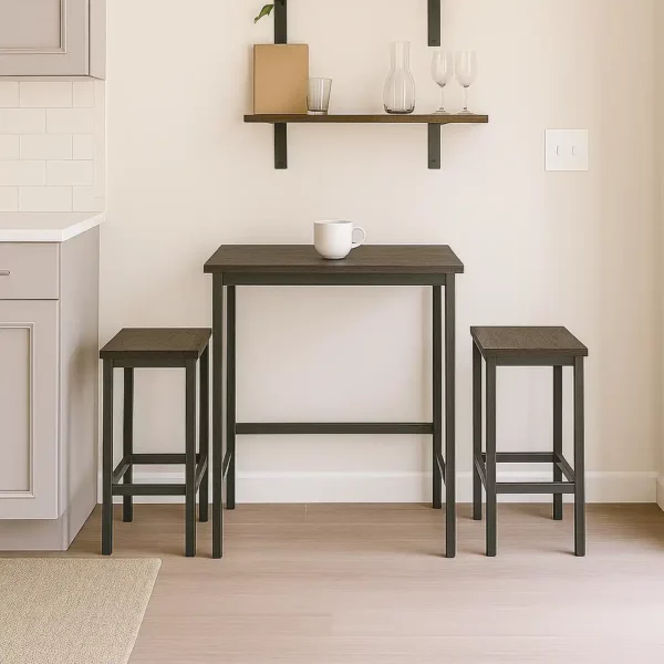 Modern kitchen with table, stools, shelf decor