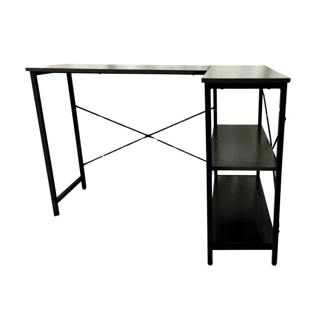 L-shaped desk with shelves, minimalist design.