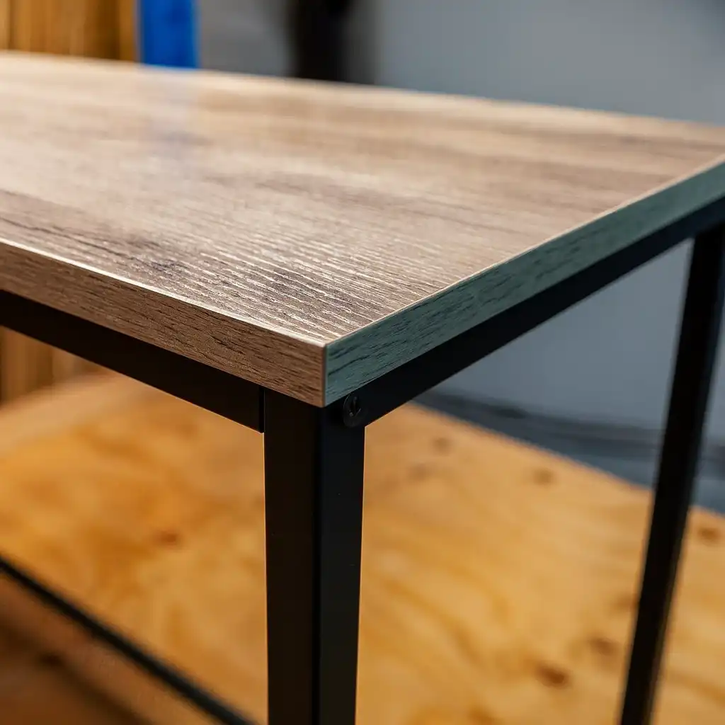 Wooden desk corner with metal legs