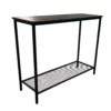 Modern black metal console table with mesh shelf