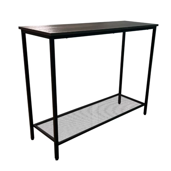 Modern black metal console table with mesh shelf