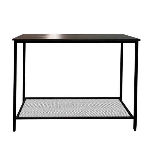 Modern black metal desk with mesh shelf