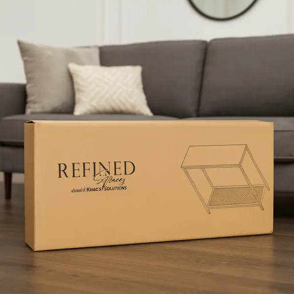 Refined Grace brown box beside gray sofa