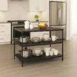 Kitchen island with dishes and cookware