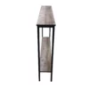 Narrow wood and metal console table, side view.
