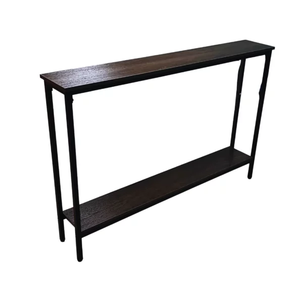Modern wooden console table with black metal frame.