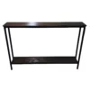 Black metal console table with wooden shelves