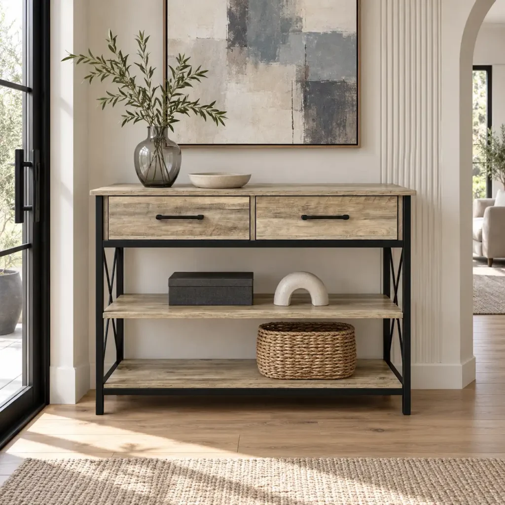 silverton-two-drawer-console-table-stonewood-finish-with-black-frame
