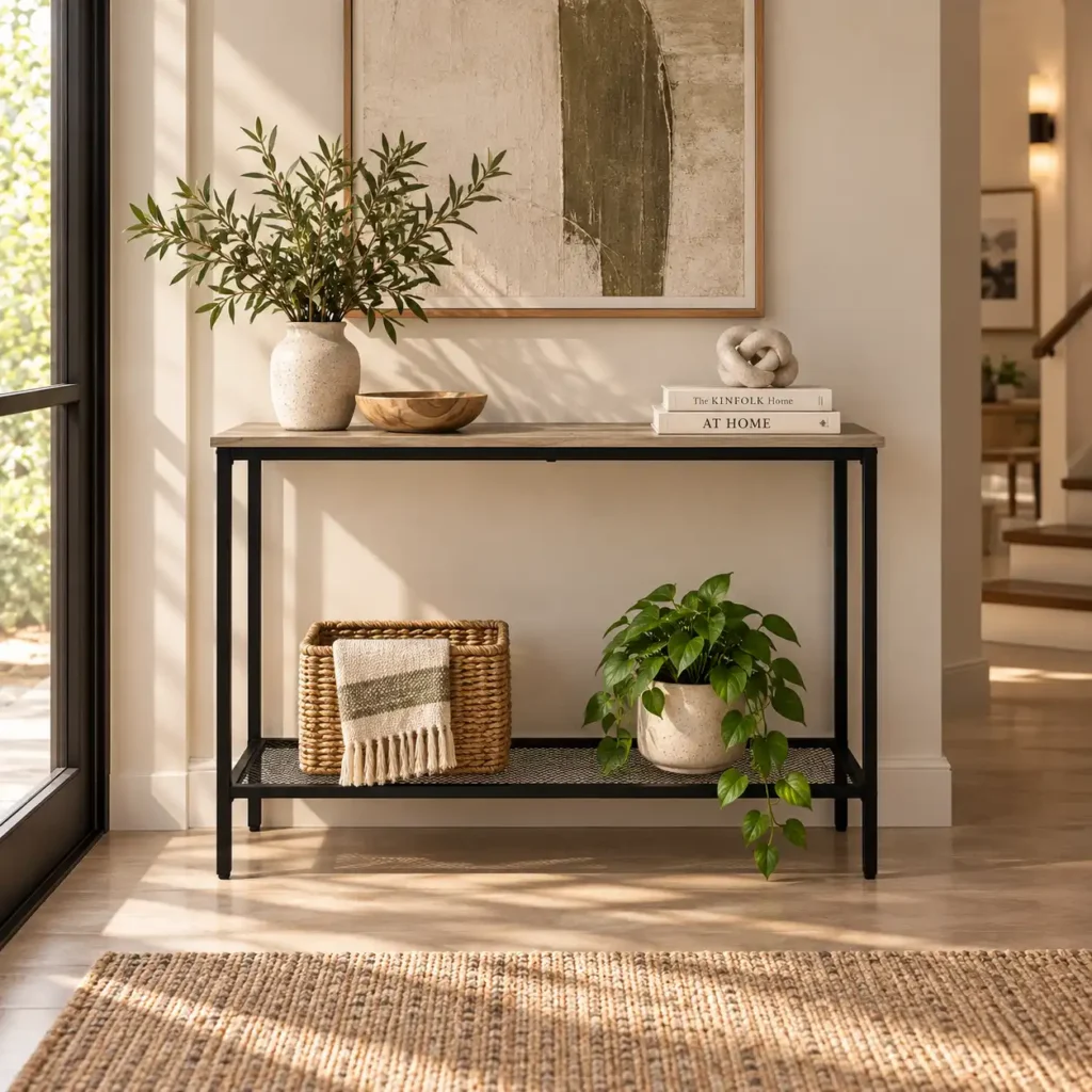 timberline-stonewood-entryway-console-table-steel-mesh-shelf