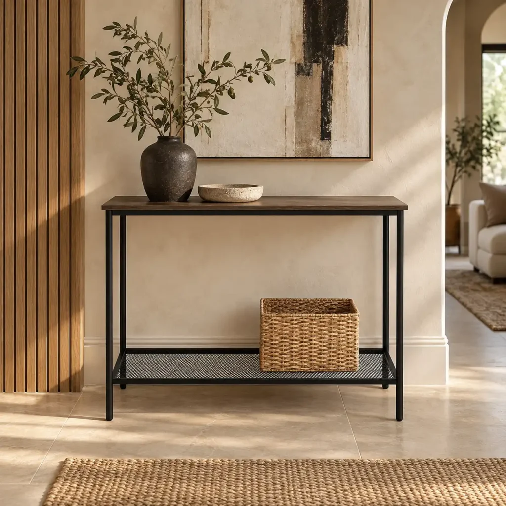 timberline-stormwood-entryway-console-table-steel-mesh-shelf