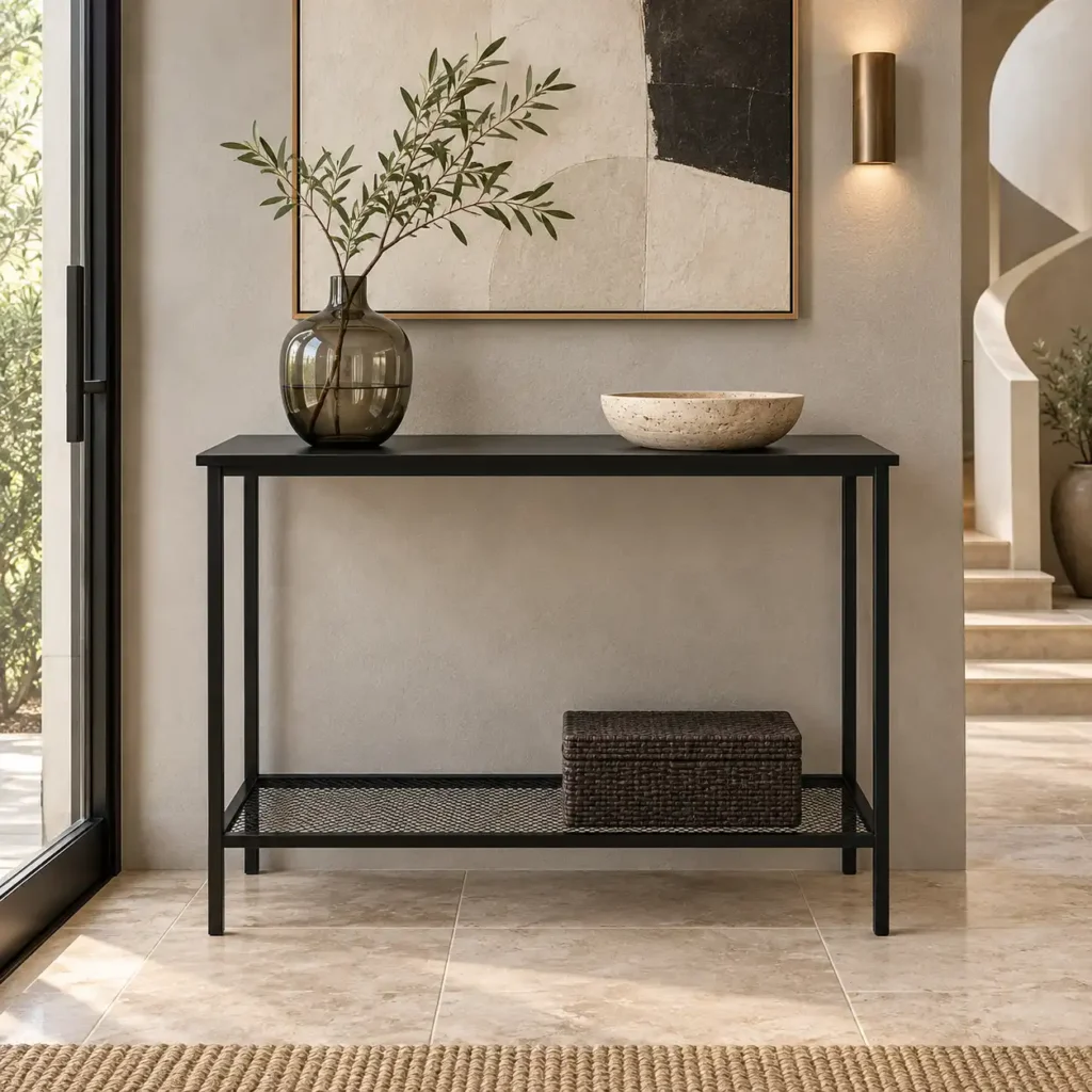 timberline-shadow-veneer-entryway-console-table-steel-mesh-shelf